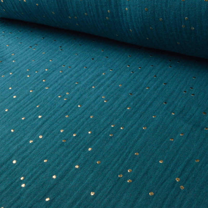 Double Gaze à pois doré - Bleu Pétrole